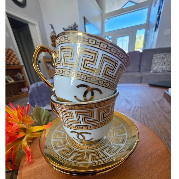 Other - Gilded White Gold Greek Key Tea Cup Set of 2